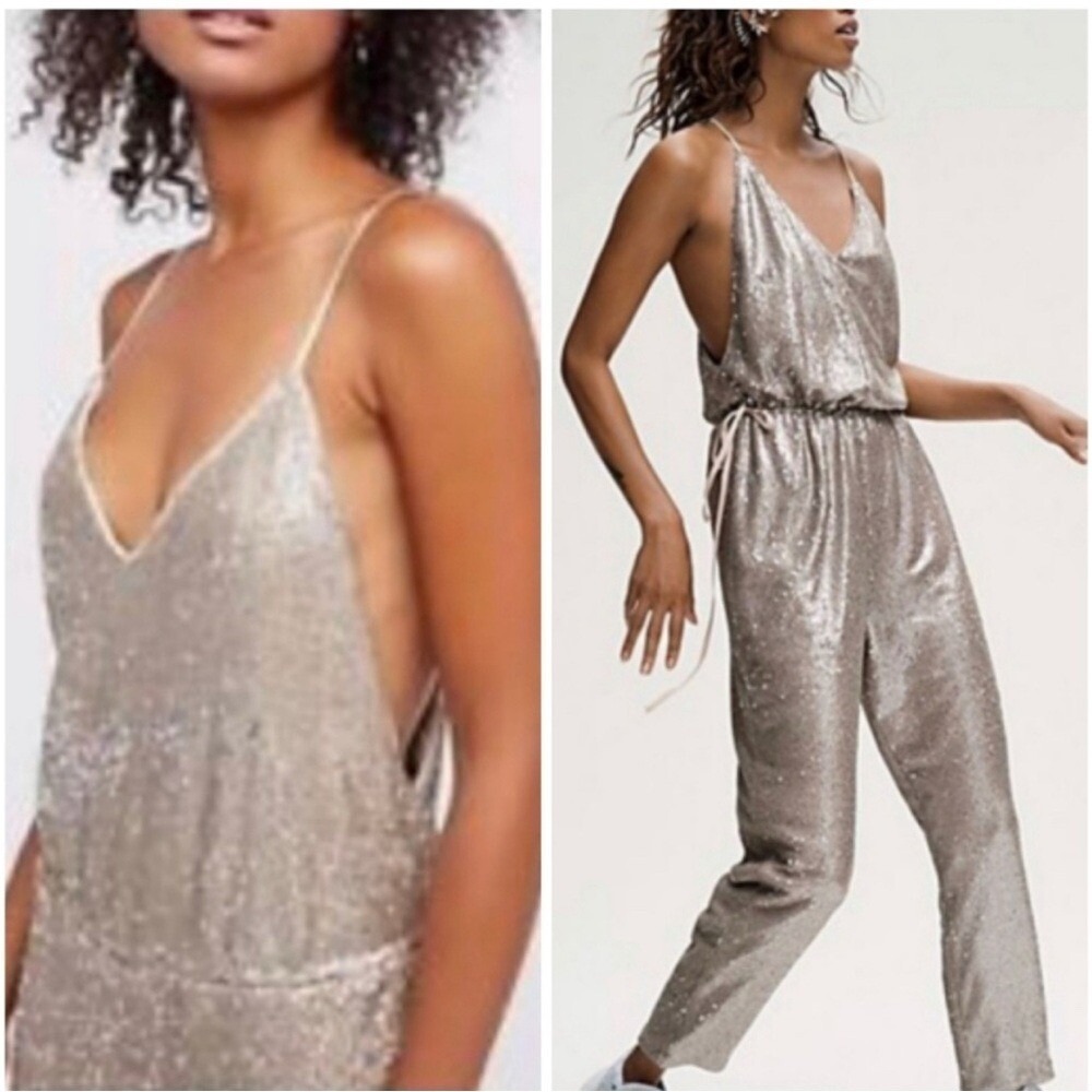 Free People Gold Sequin Jumpsuit V Neck‎ XS Adjustable Waistband